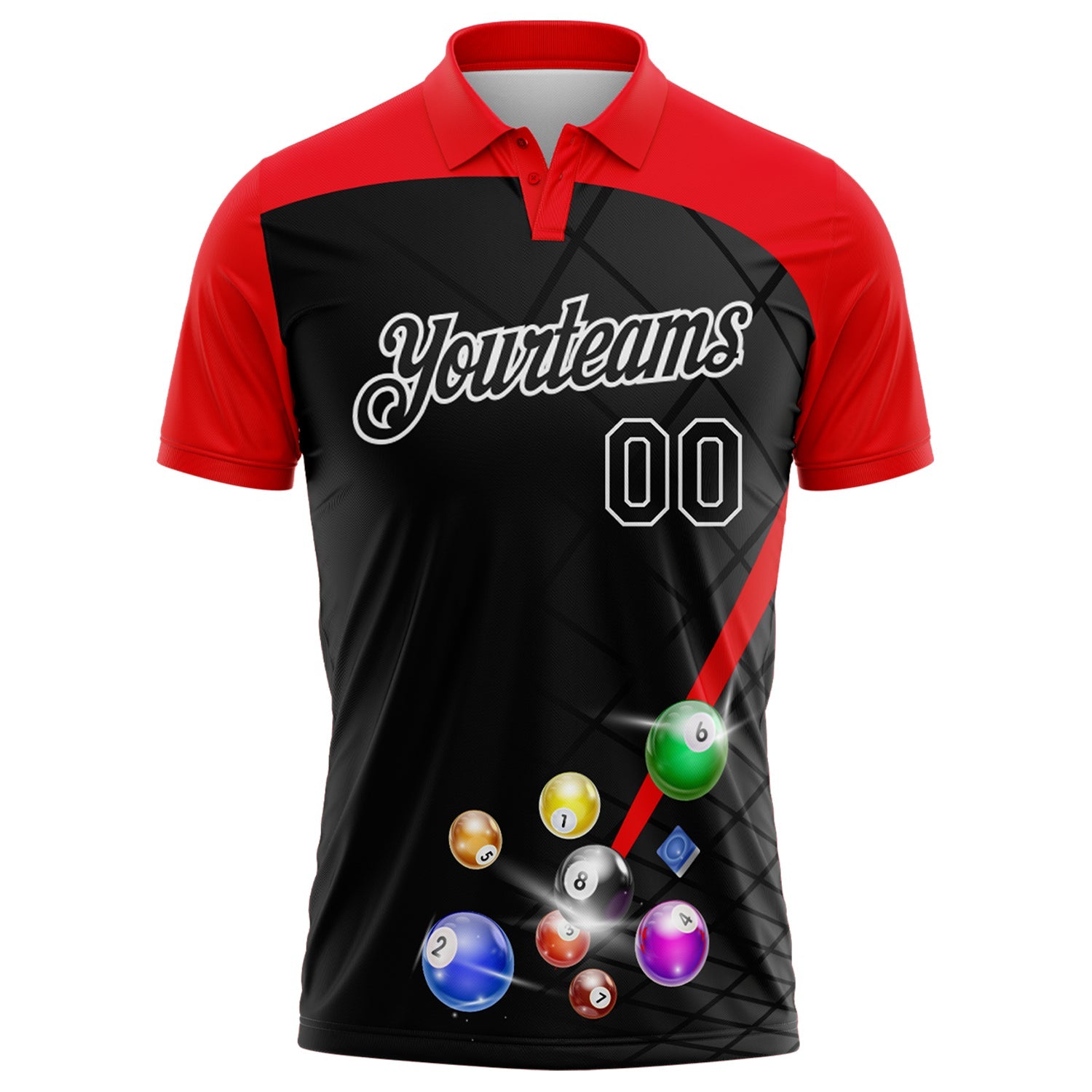 Custom Black Fire Red-White Billiard Balls Performance Polo Shirt view 2