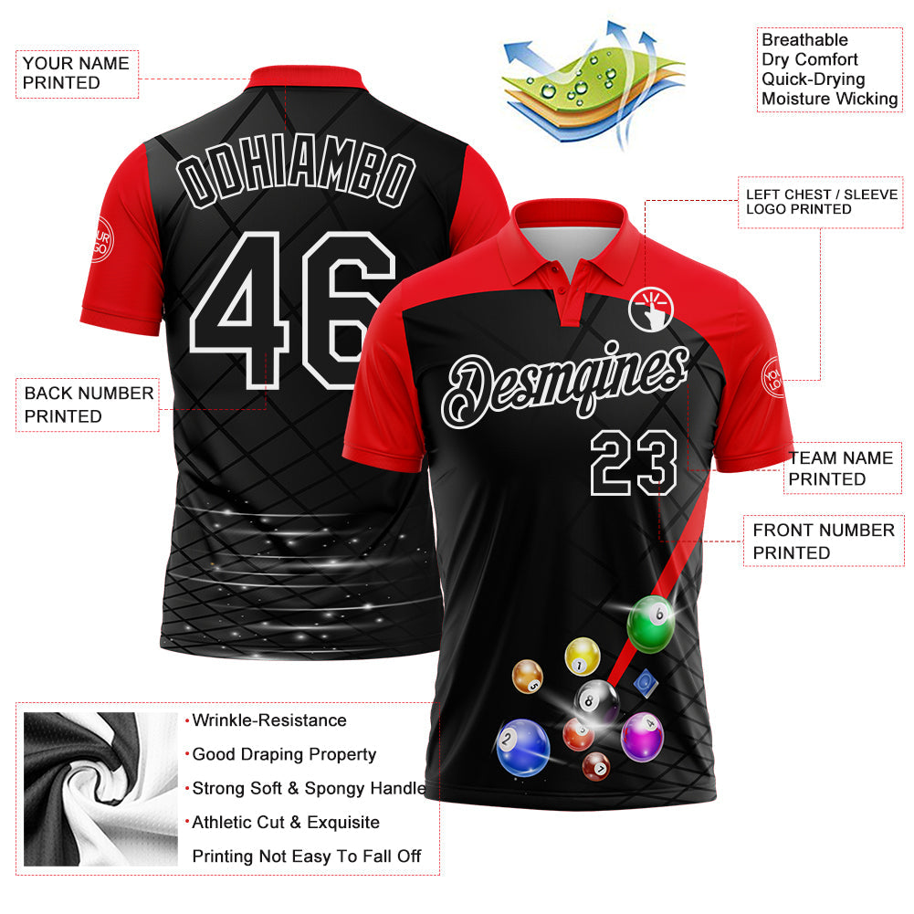 Custom Black Fire Red-White Billiard Balls Performance Polo Shirt view 3