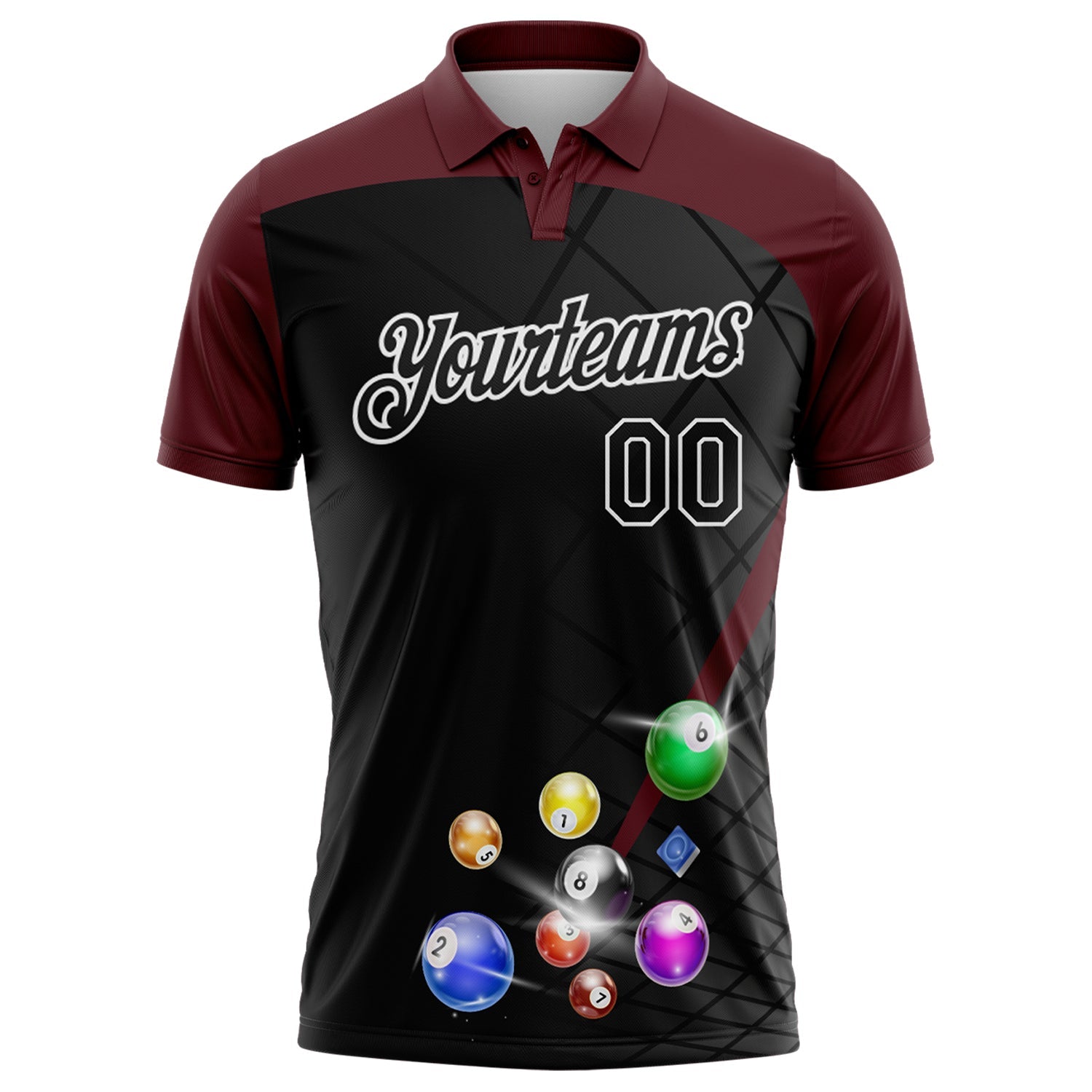 Custom Black Maroon-White Billiard Balls Performance Polo Shirt view 2