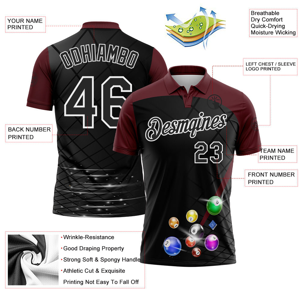Custom Black Maroon-White Billiard Balls Performance Polo Shirt view 3