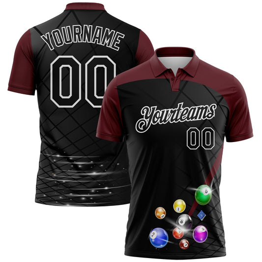 Custom Black Maroon-White Billiard Balls Performance Polo Shirt - Main View