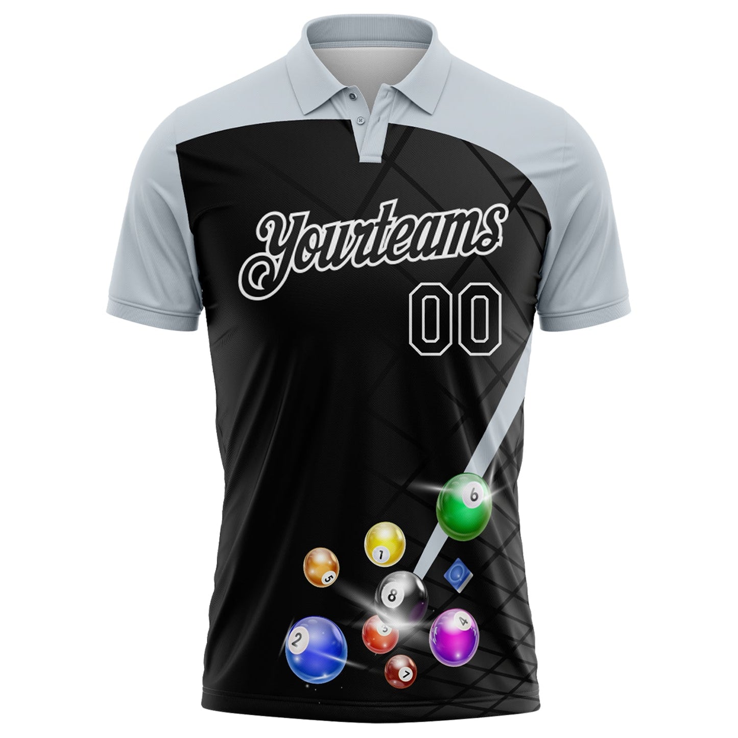 Custom Black Silver-White Billiard Balls Performance Polo Shirt view 2