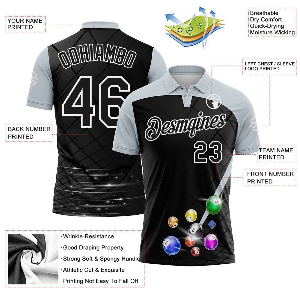 Custom Black Silver-White Billiard Balls Performance Polo Shirt view 3