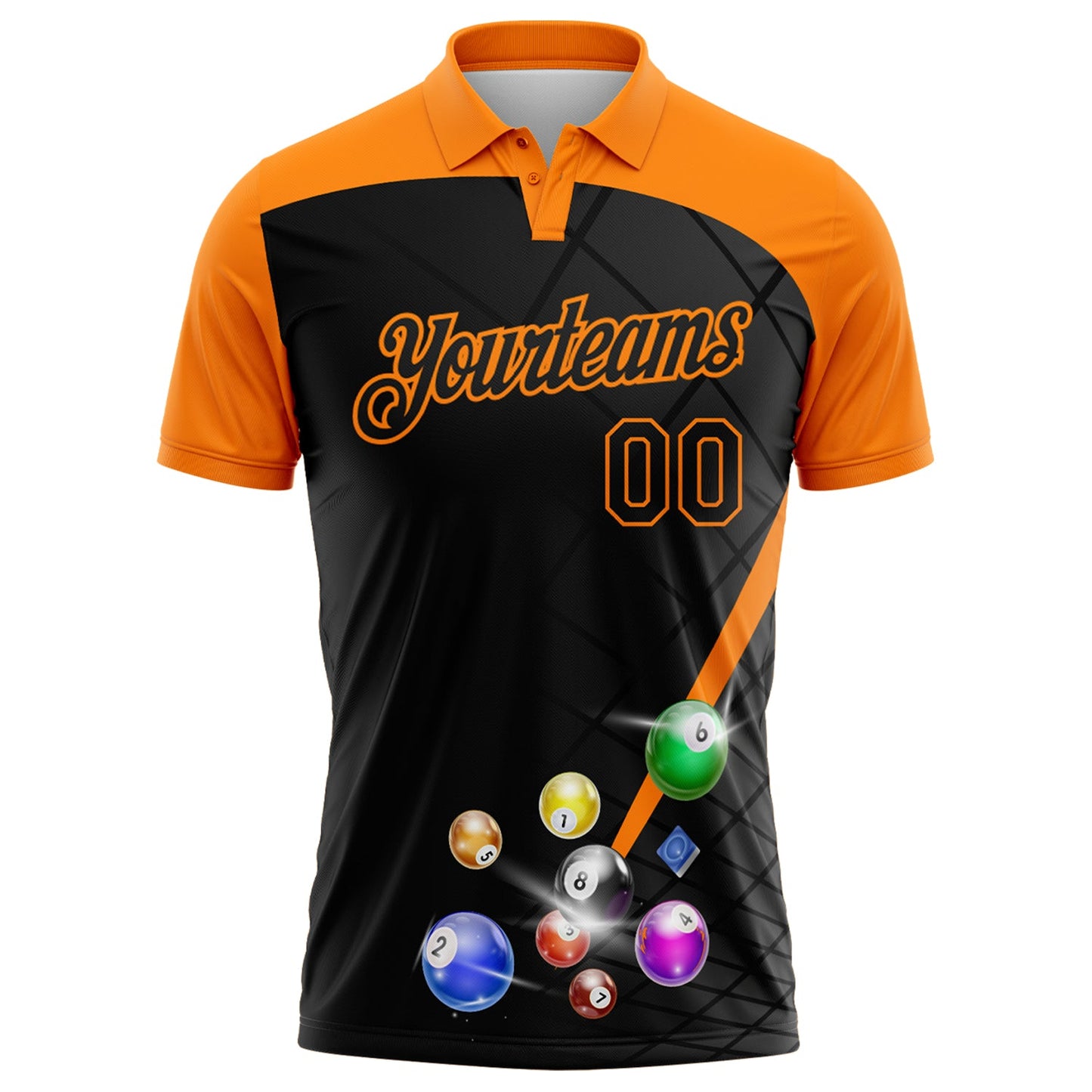 Custom Black-Bay Orange Billiard Balls Geometric Grid Performance Polo Shirt view 2