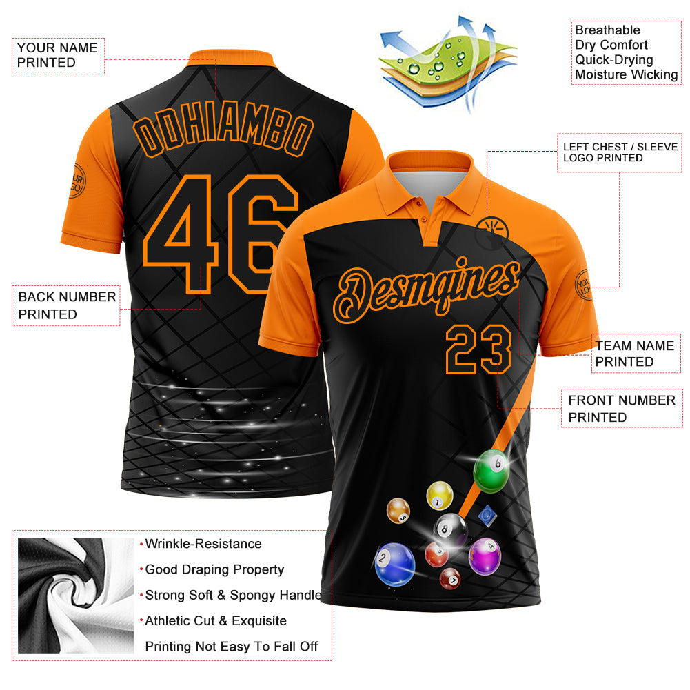 Custom Black-Bay Orange Billiard Balls Geometric Grid Performance Polo Shirt view 3