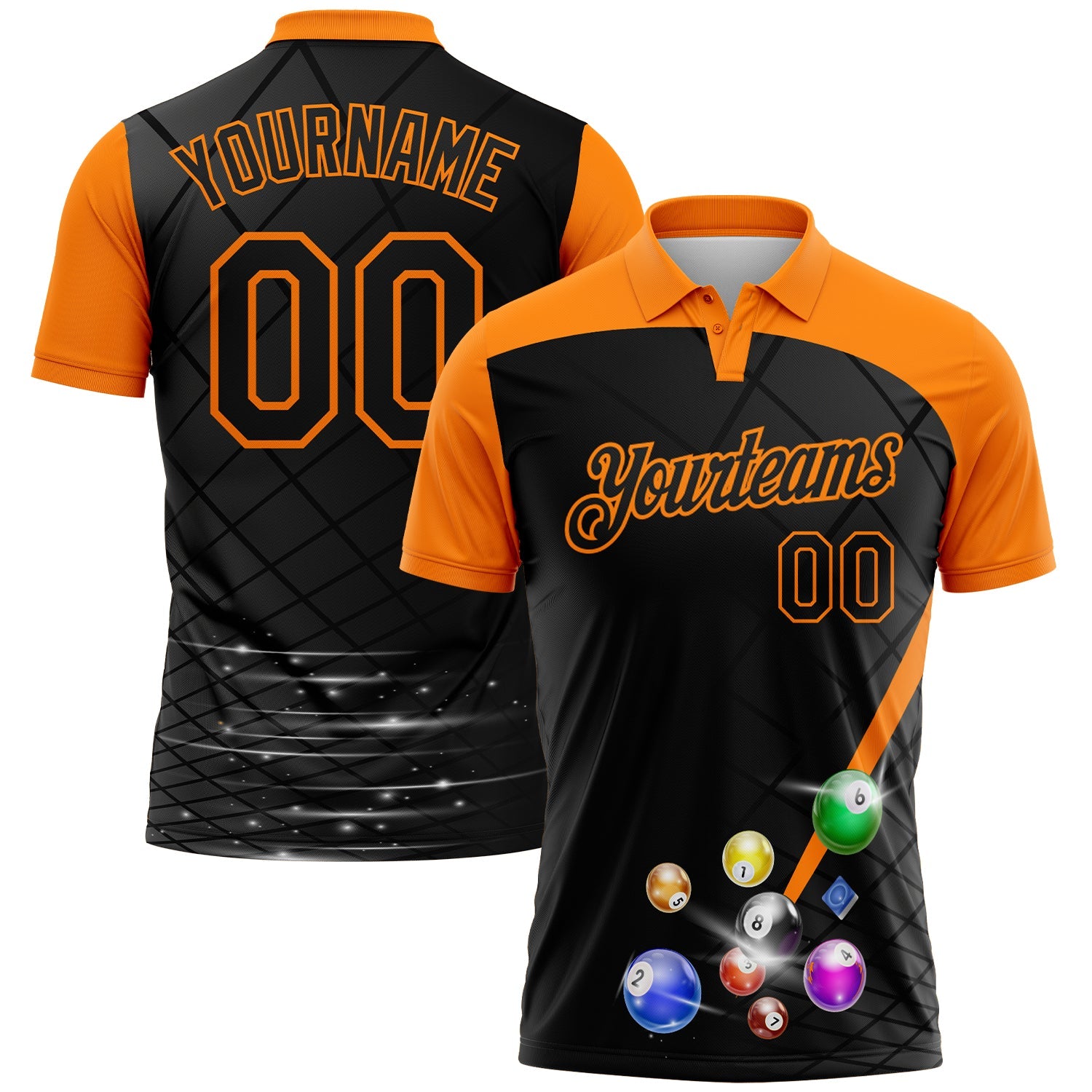 Custom Black-Bay Orange Billiard Balls Geometric Grid Performance Polo Shirt - Main View