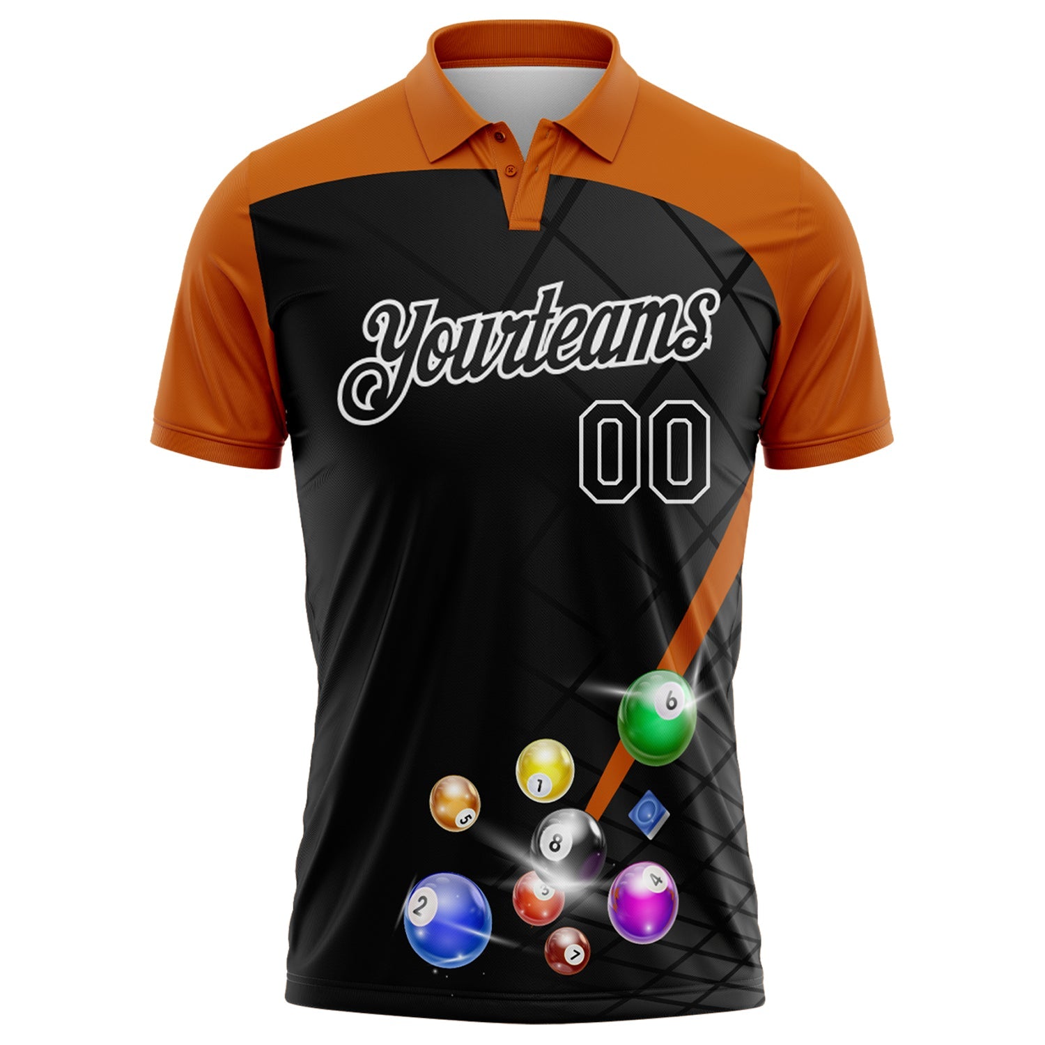 Custom Black Texas Orange-White Billiard Balls Geometric Grid Performance Polo Shirt view 2