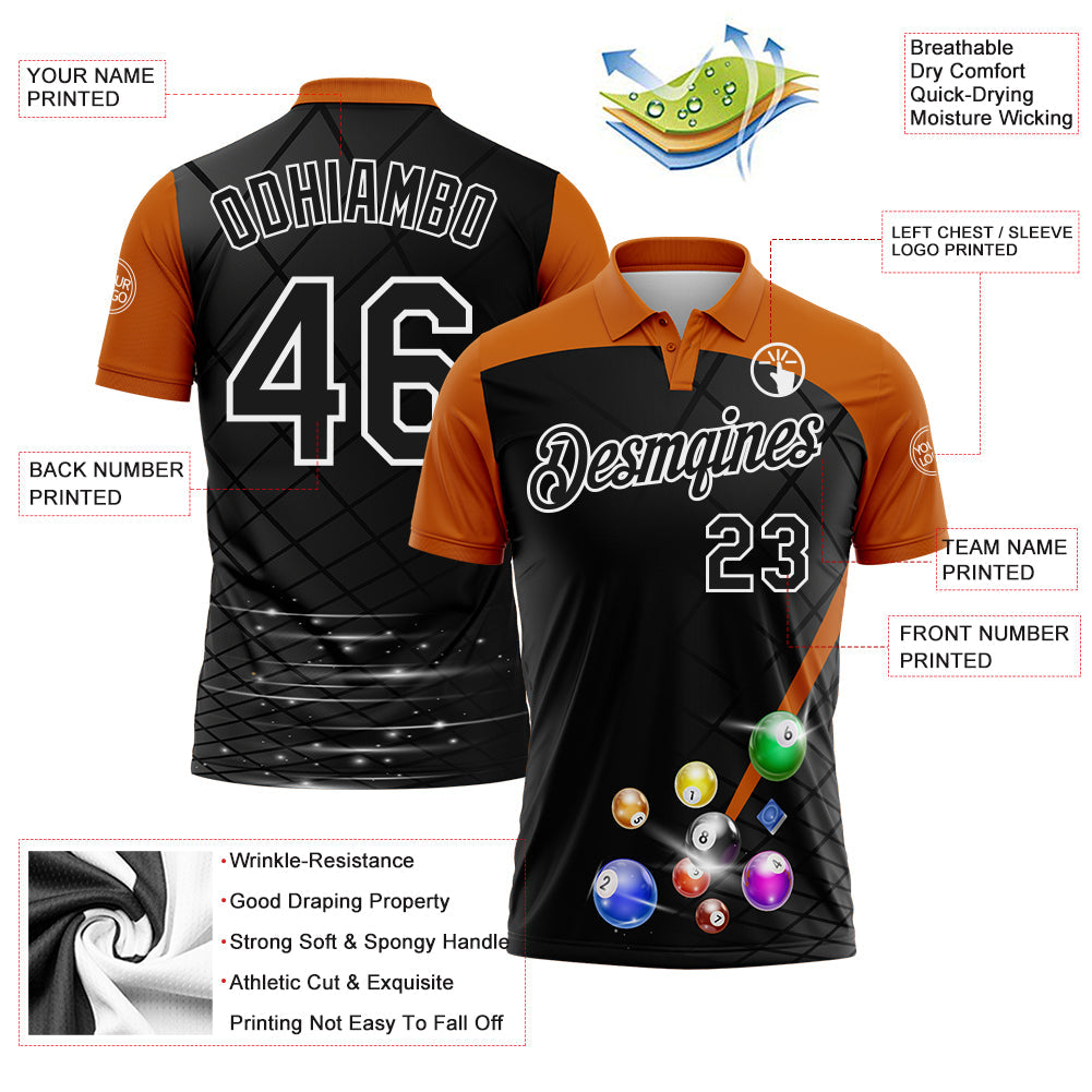 Custom Black Texas Orange-White Billiard Balls Geometric Grid Performance Polo Shirt view 3