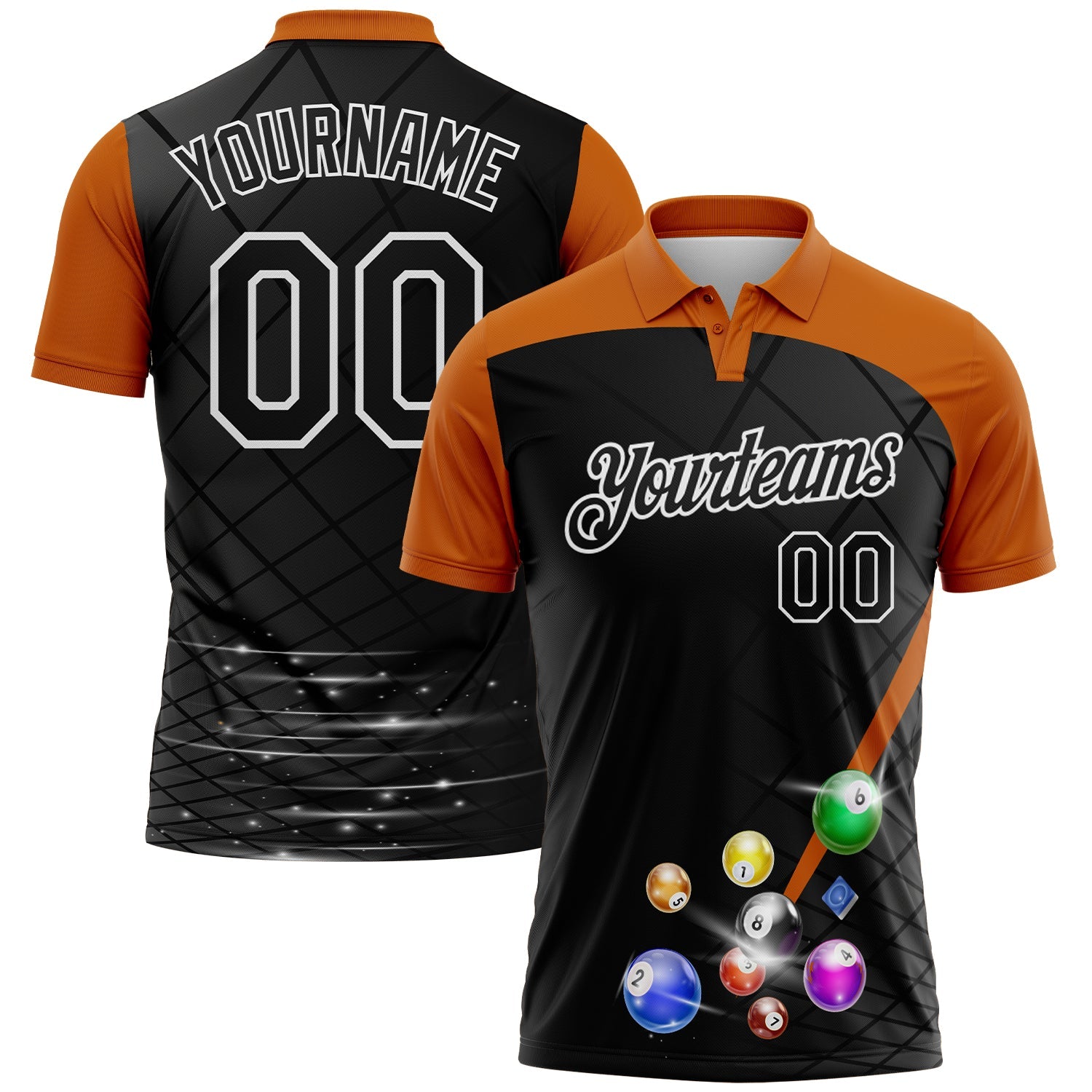Custom Black Texas Orange-White Billiard Balls Geometric Grid Performance Polo Shirt - Main View