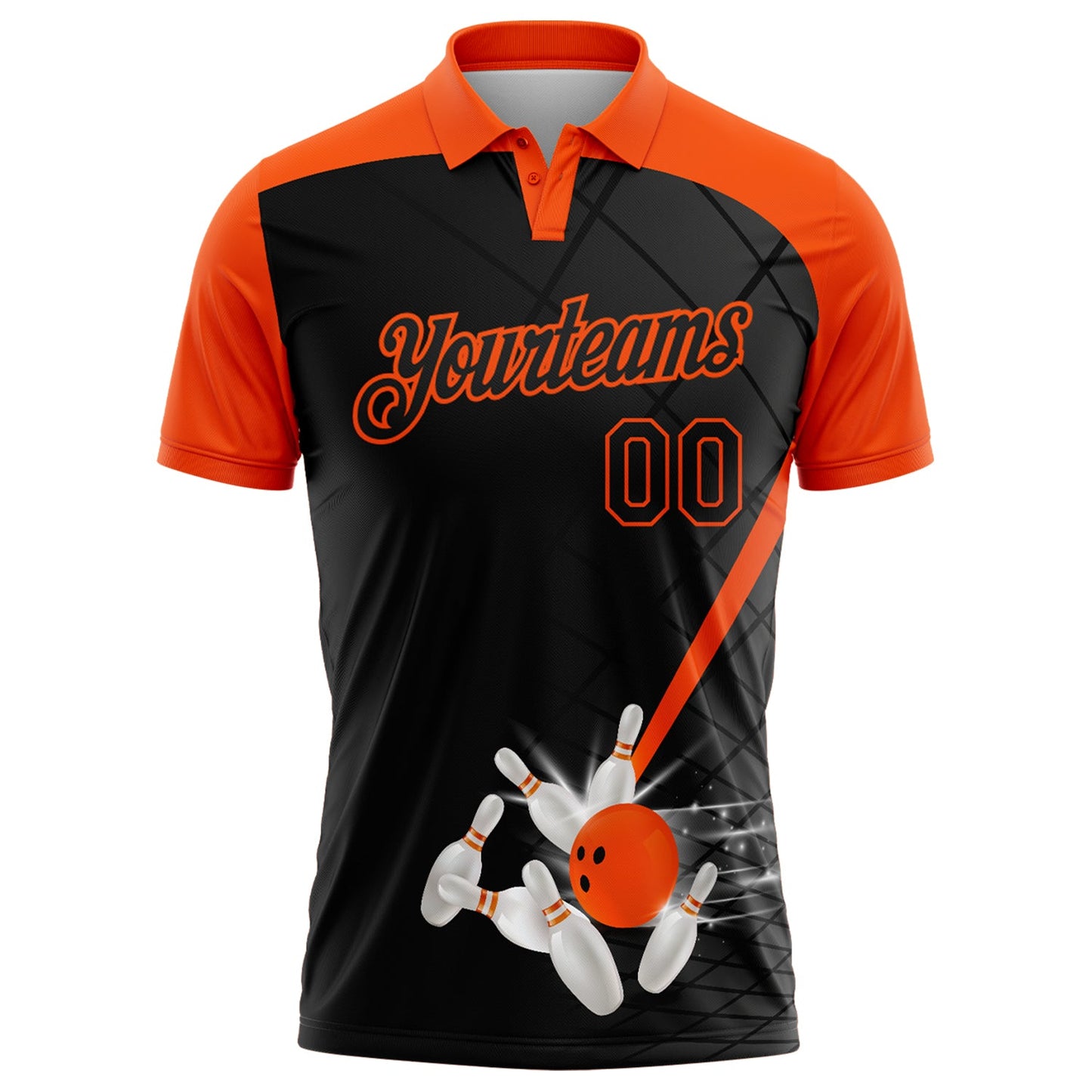 Custom Black-Orange Bowling Geometric Grid Performance Polo Shirt view 2