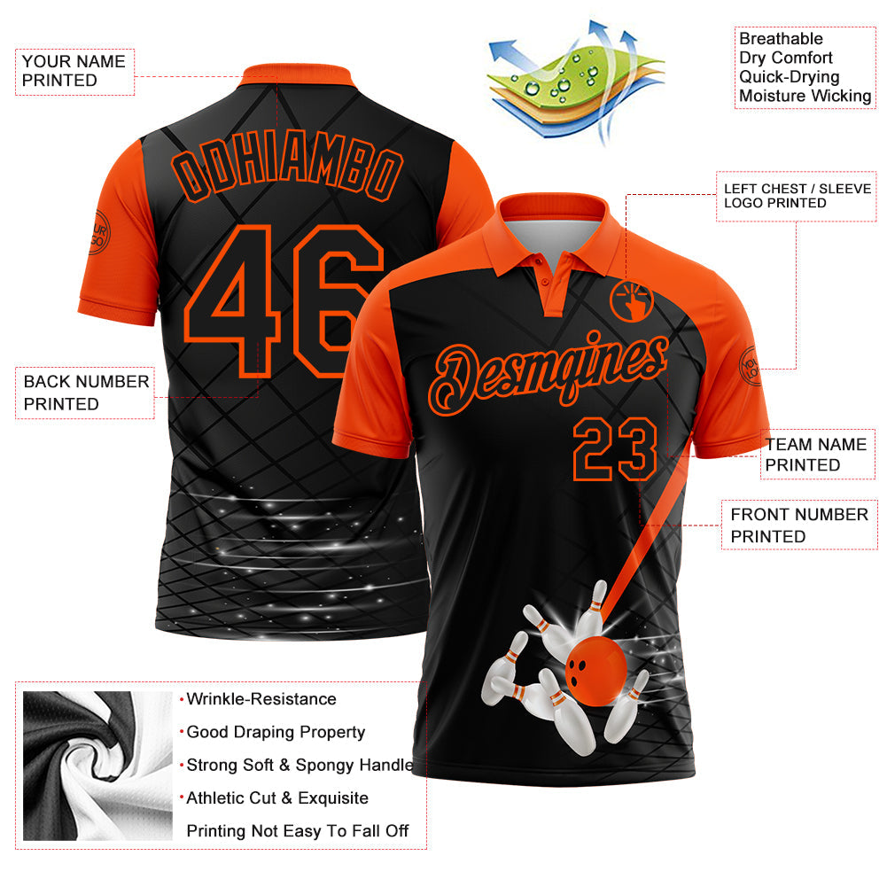 Custom Black-Orange Bowling Geometric Grid Performance Polo Shirt view 3