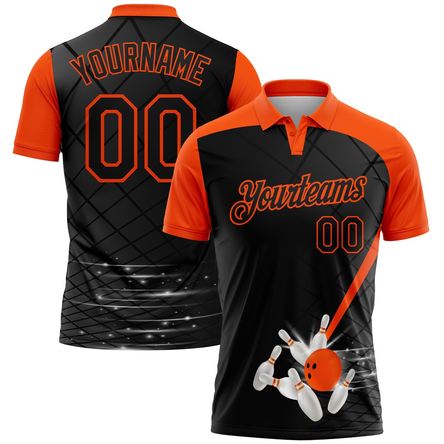 Custom Black-Orange Bowling Geometric Grid Performance Polo Shirt - Main View