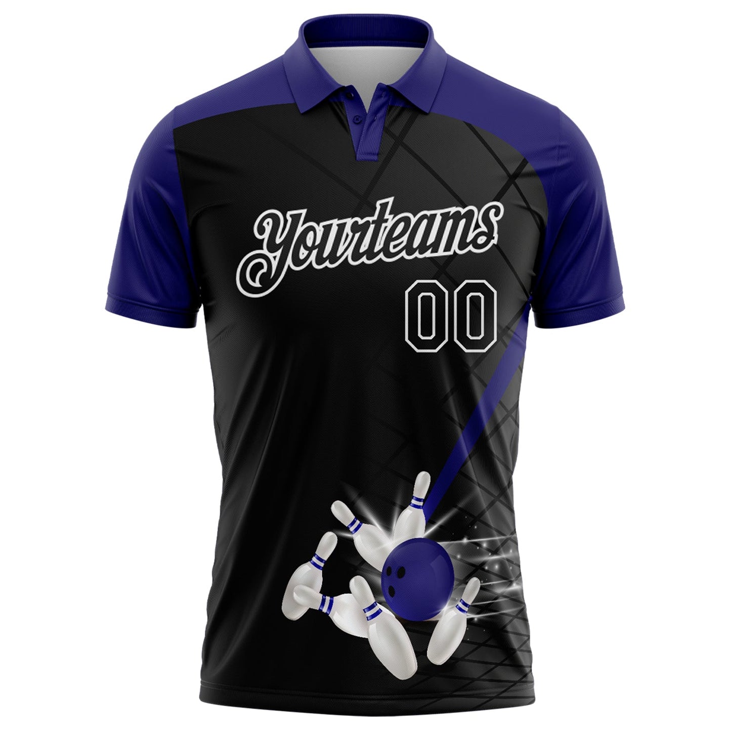Custom Black Purple-White Bowling Geometric Grid Performance Polo Shirt view 2