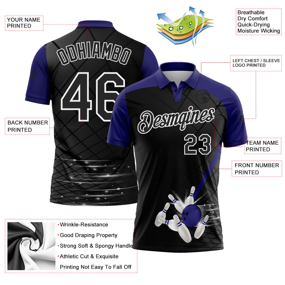 Custom Black Purple-White Bowling Geometric Grid Performance Polo Shirt view 3