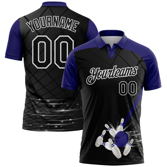 Custom Black Purple-White Bowling Geometric Grid Performance Polo Shirt - Main View