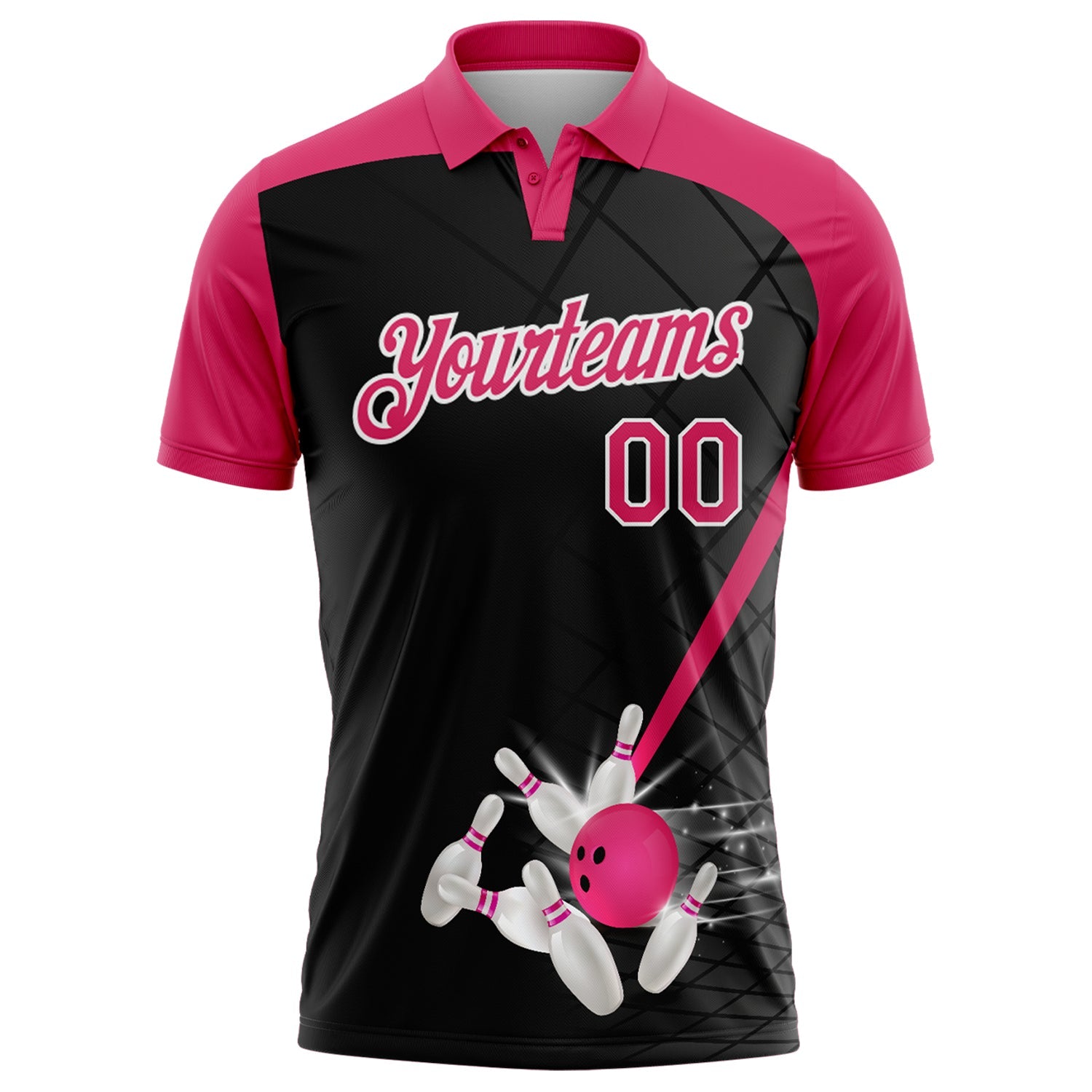 Custom Black Pink-White Bowling Geometric Grid Performance Polo Shirt view 2