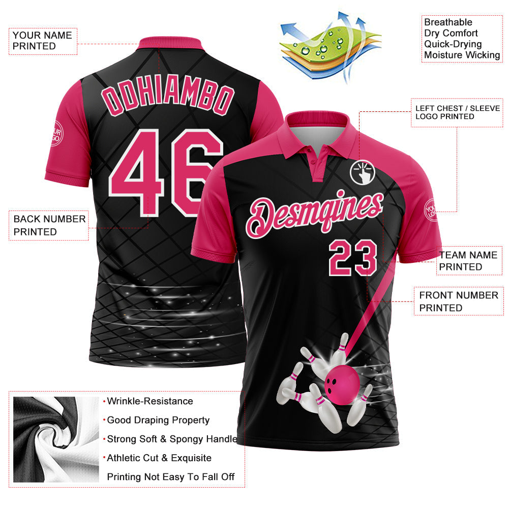 Custom Black Pink-White Bowling Geometric Grid Performance Polo Shirt view 3