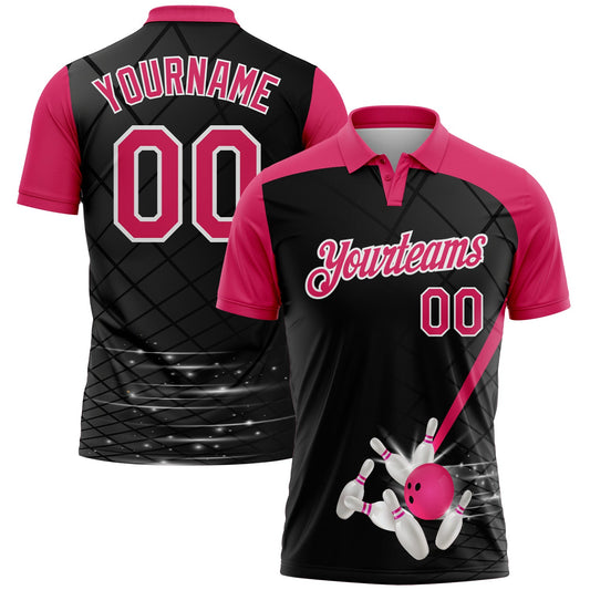 Custom Black Pink-White Bowling Geometric Grid Performance Polo Shirt - Main View