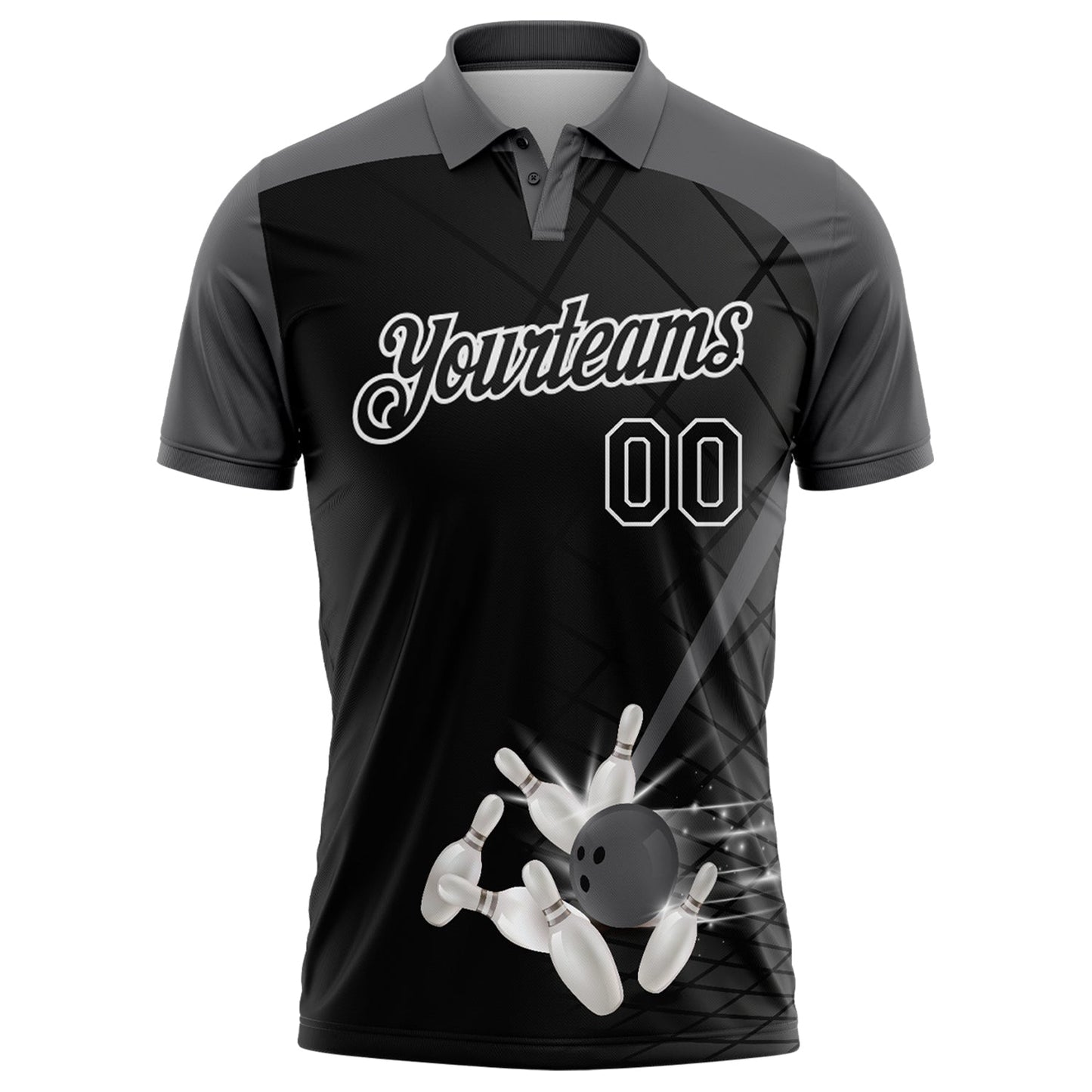 Custom Black Steel Gray-White Bowling Geometric Grid Performance Polo Shirt view 2