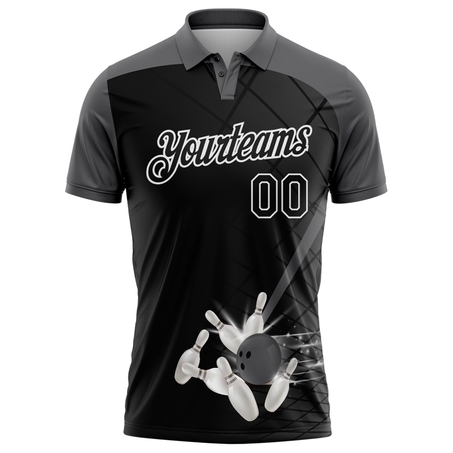 Custom Black Steel Gray-White Bowling Geometric Grid Performance Polo Shirt view 2