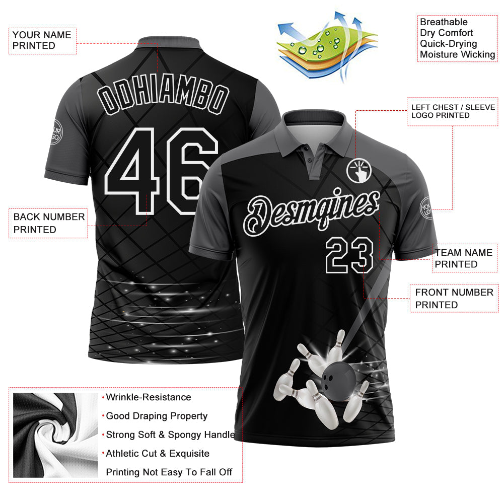 Custom Black Steel Gray-White Bowling Geometric Grid Performance Polo Shirt view 3