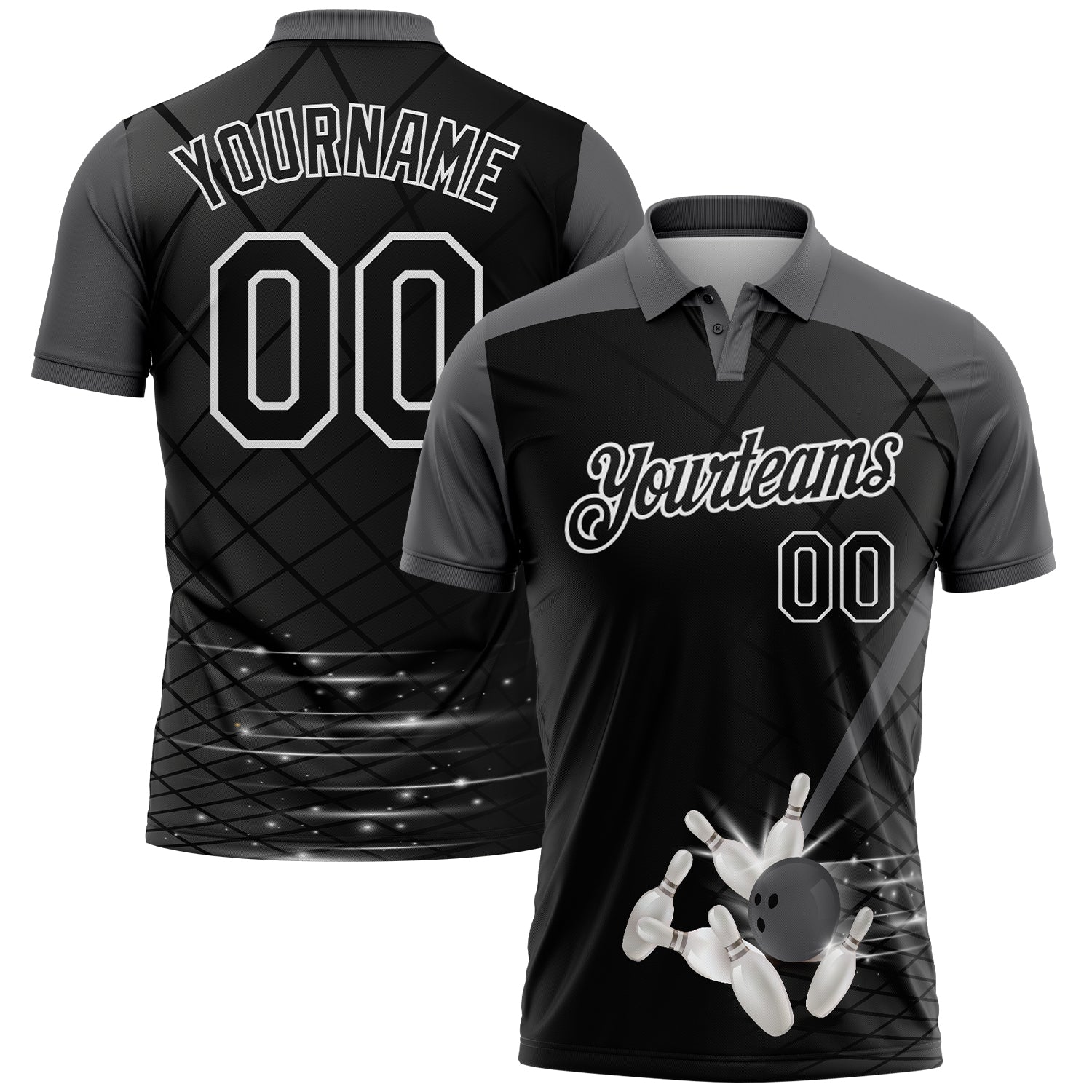 Custom Black Steel Gray-White Bowling Geometric Grid Performance Polo Shirt - Main View
