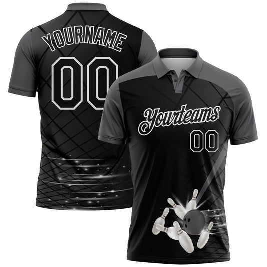 Custom Black Steel Gray-White Bowling Geometric Grid Performance Polo Shirt - Main View