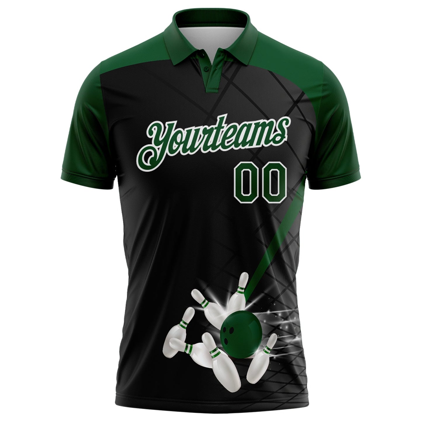 Custom Black Green-White Bowling Geometric Grid Performance Polo Shirt view 2