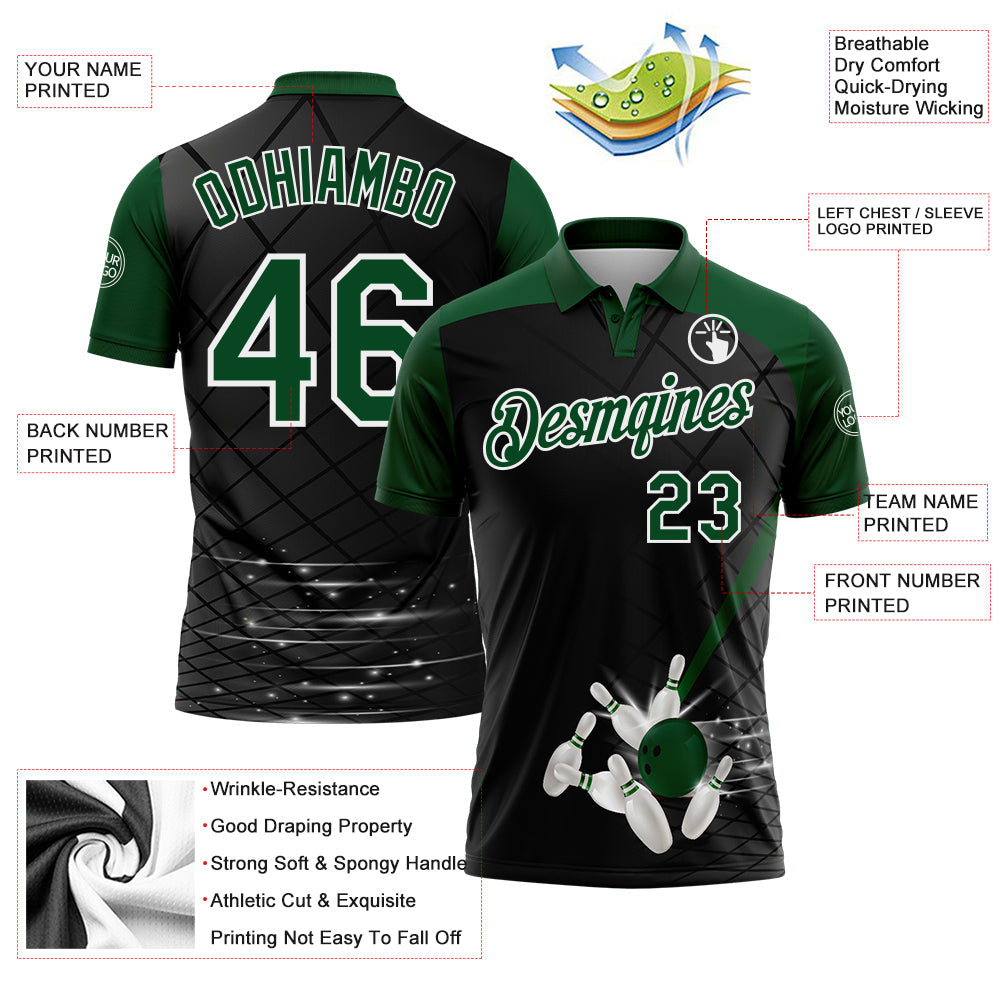 Custom Black Green-White Bowling Geometric Grid Performance Polo Shirt view 3