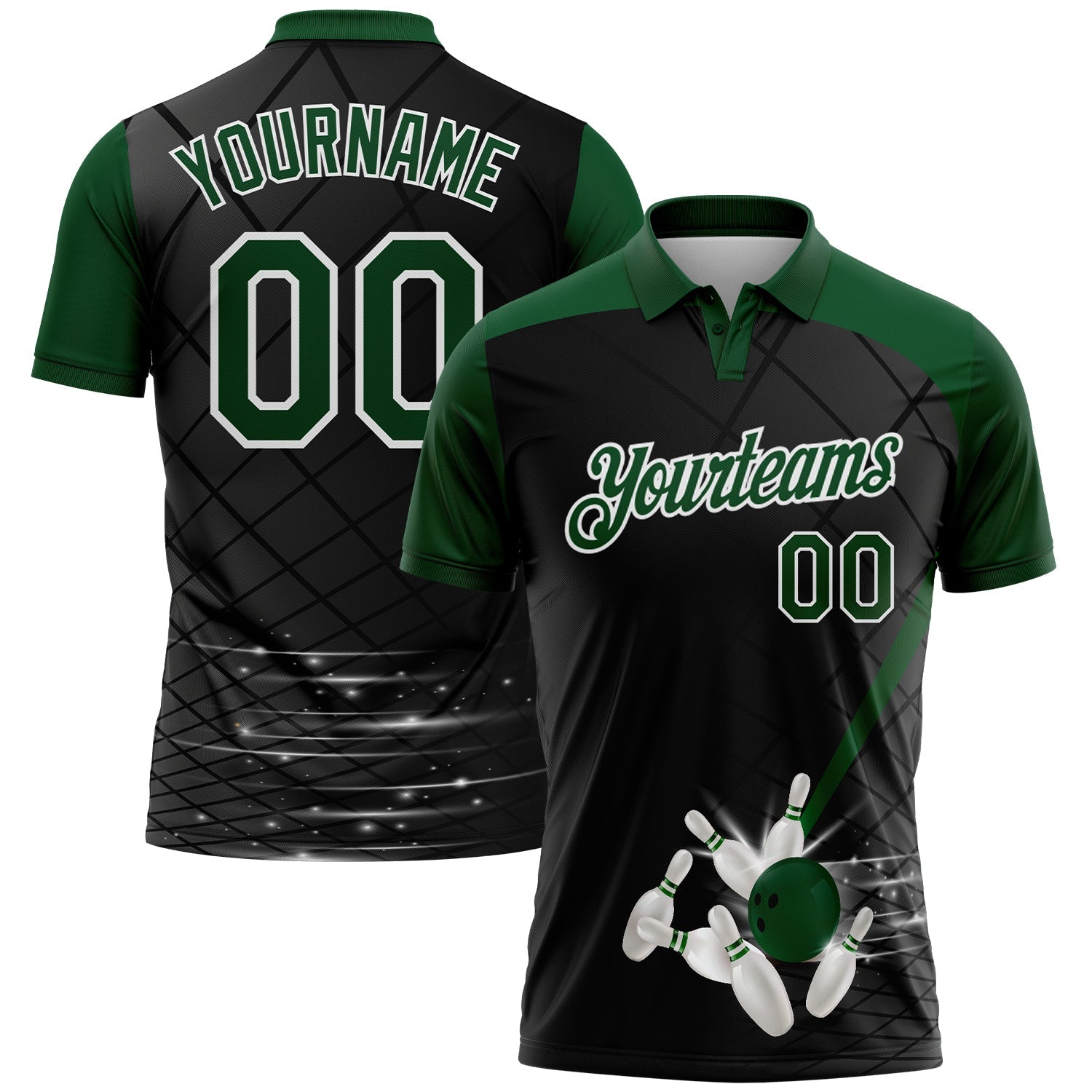 Custom Black Green-White Bowling Geometric Grid Performance Polo Shirt - Main View