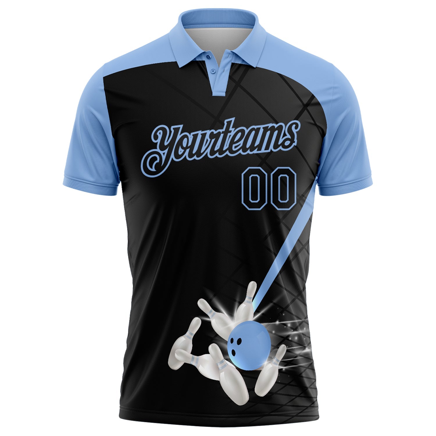 Custom Black-Light Blue Bowling Geometric Grid Performance Polo Shirt view 2