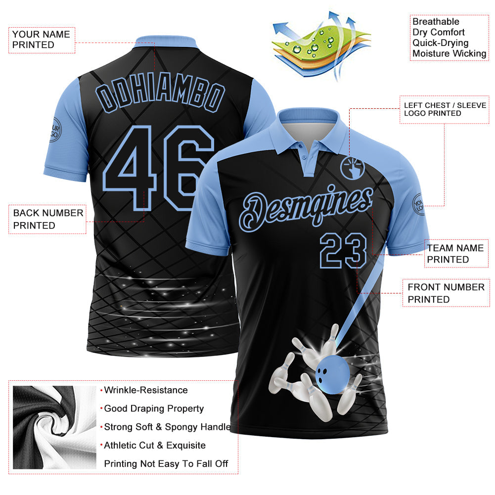 Custom Black-Light Blue Bowling Geometric Grid Performance Polo Shirt view 3