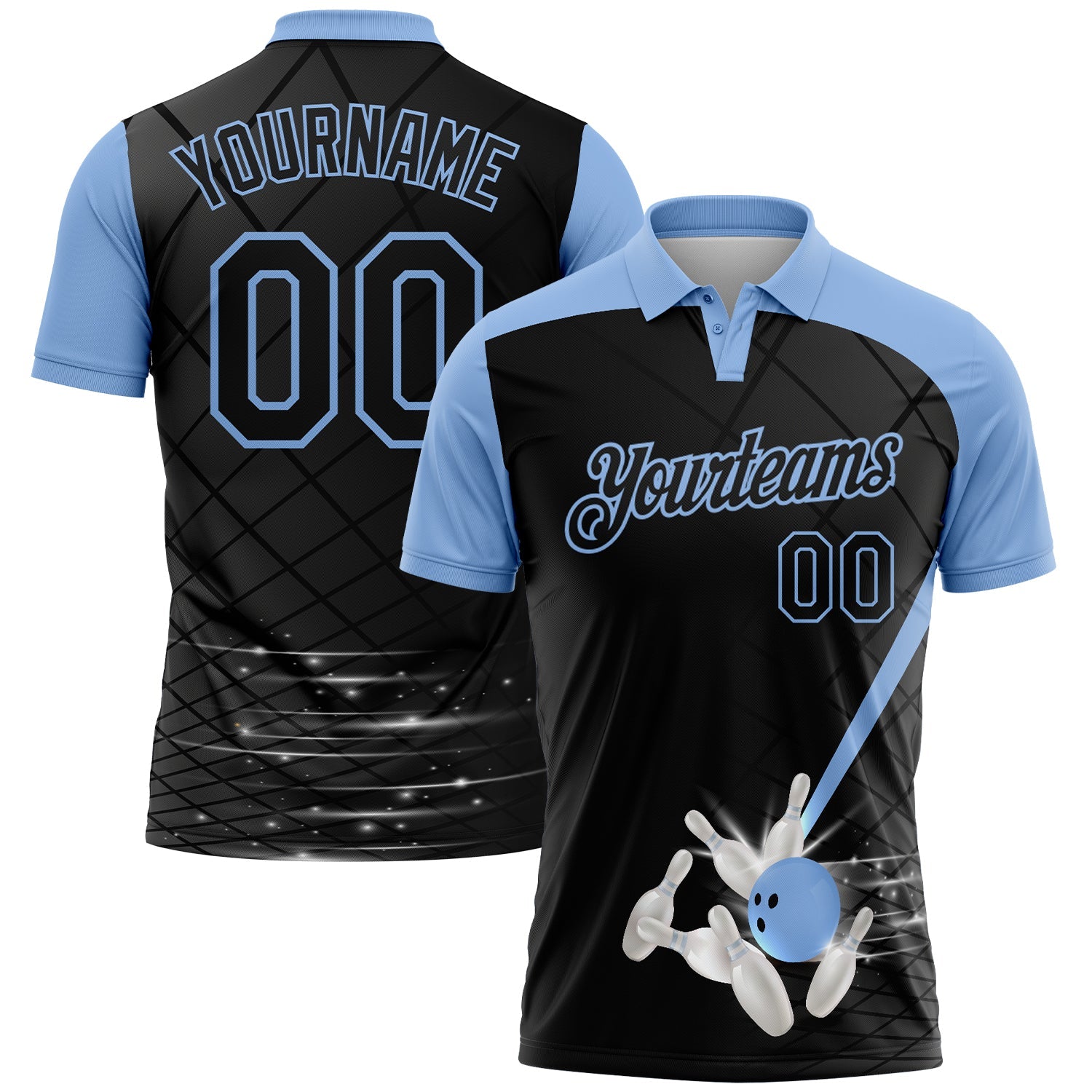 Custom Black-Light Blue Bowling Geometric Grid Performance Polo Shirt - Main View