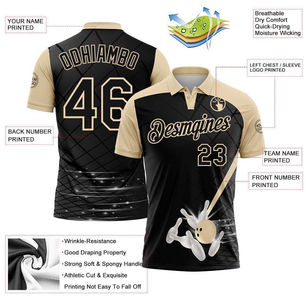 Custom Black-City Cream Bowling Geometric Grid Performance Polo Shirt view 3