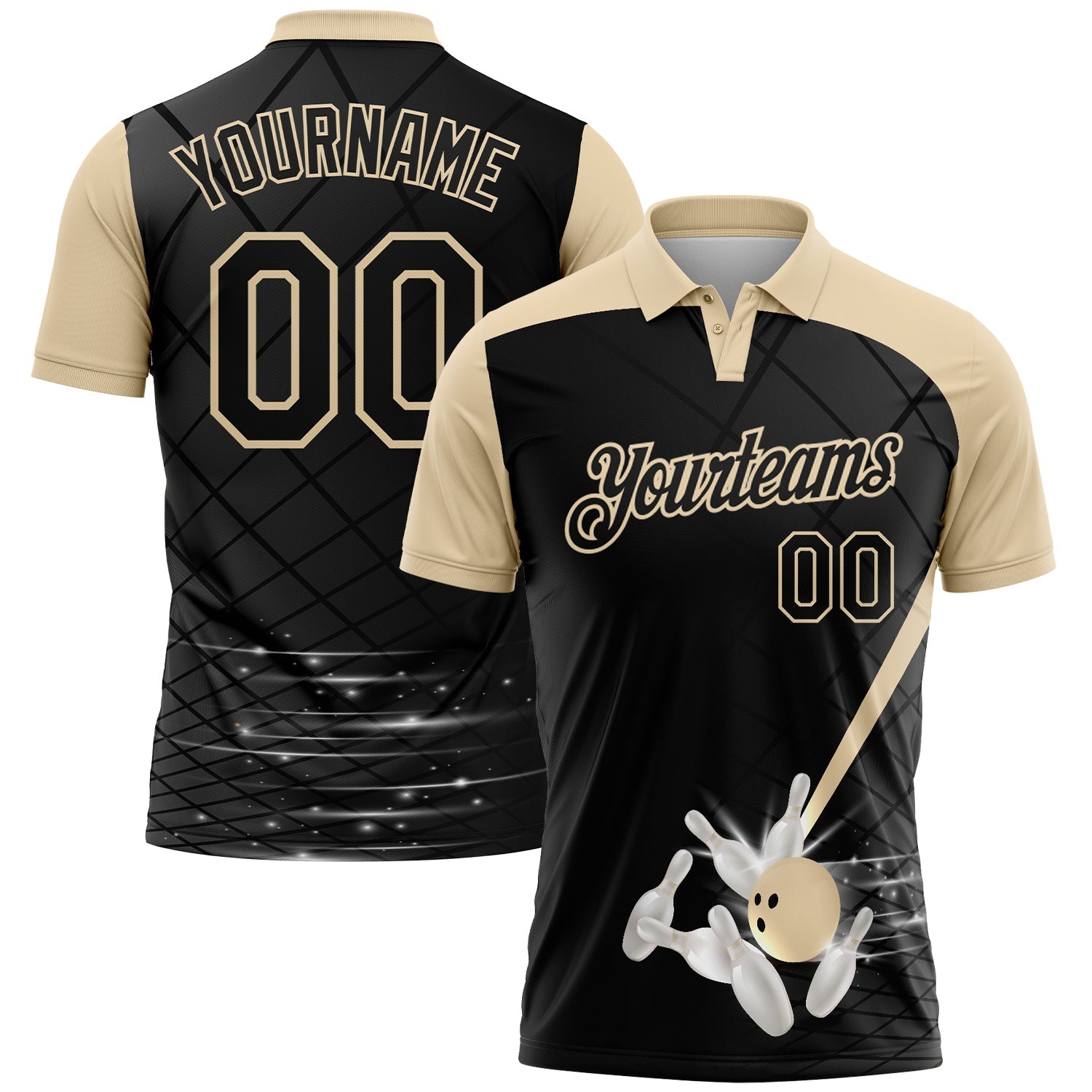 Custom Black-City Cream Bowling Geometric Grid Performance Polo Shirt - Main View