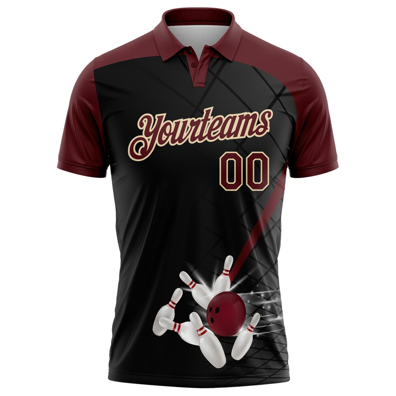 Custom Black Crimson-Cream Bowling Geometric Grid Performance Polo Shirt view 2