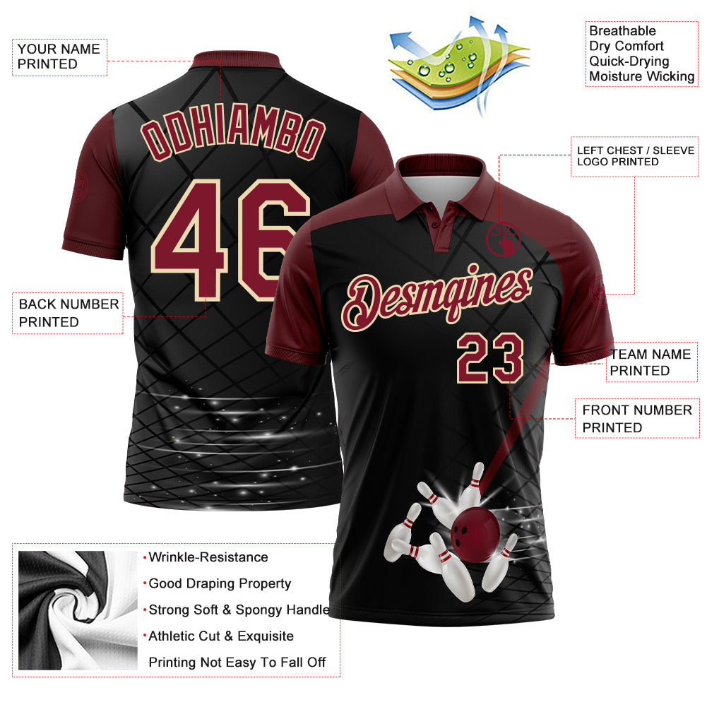Custom Black Crimson-Cream Bowling Geometric Grid Performance Polo Shirt view 3