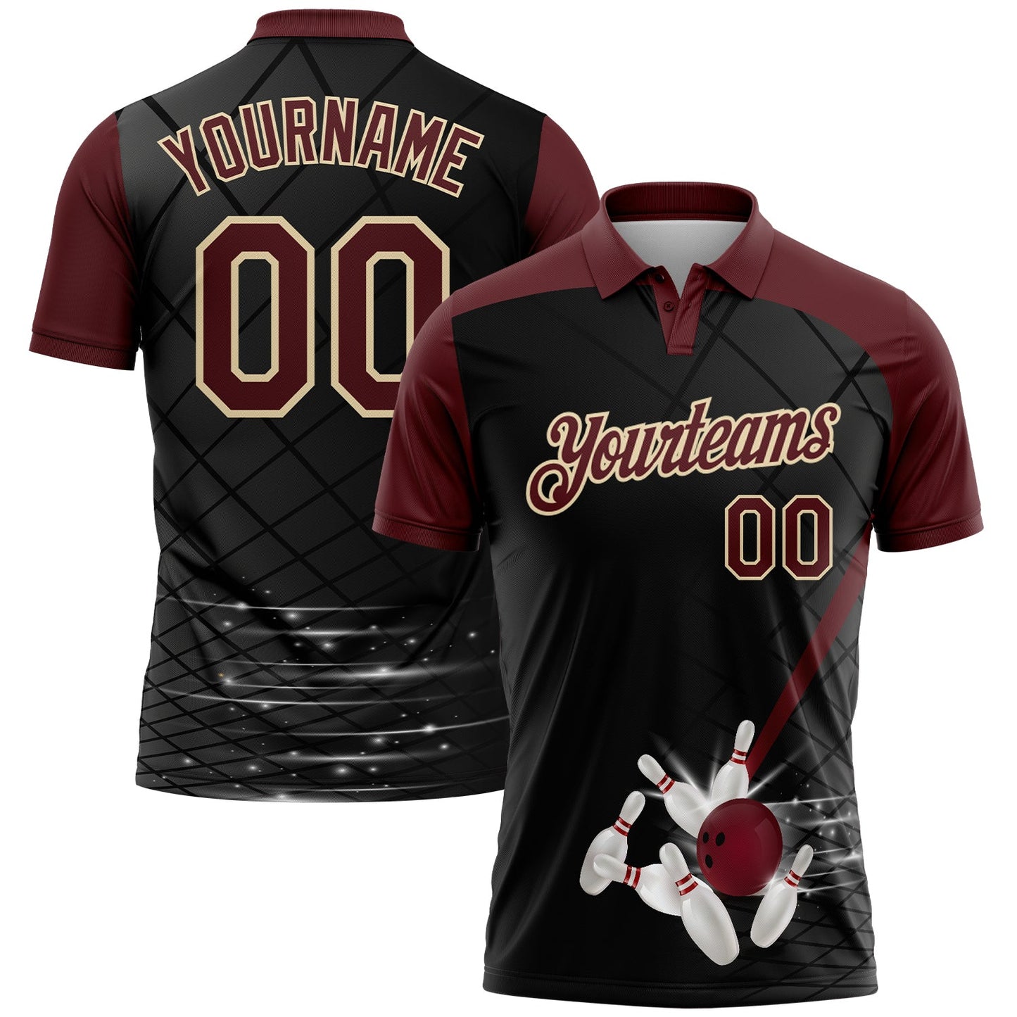 Custom Black Crimson-Cream Bowling Geometric Grid Performance Polo Shirt - Main View