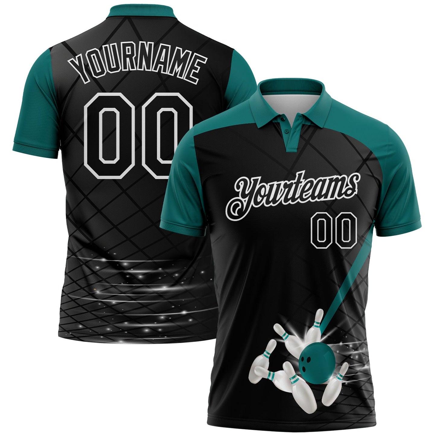 Custom Black Teal-White Bowling Geometric Grid Performance Polo Shirt - Main View