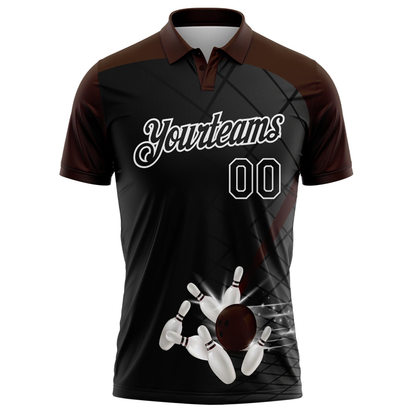 Custom Black Brown-White Bowling Geometric Grid Performance Polo Shirt view 2