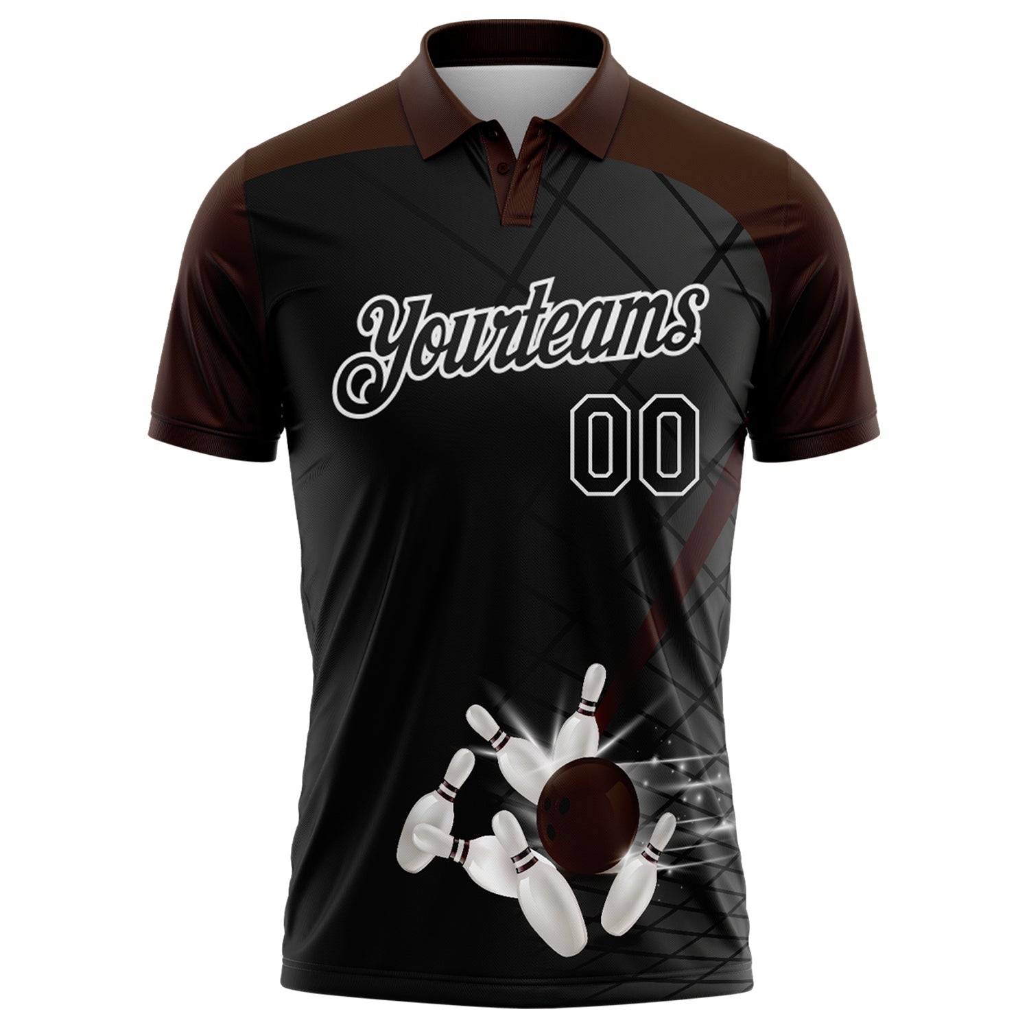 Custom Black Brown-White Bowling Geometric Grid Performance Polo Shirt view 2