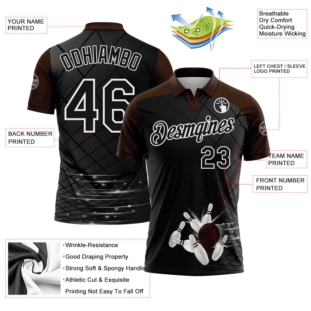 Custom Black Brown-White Bowling Geometric Grid Performance Polo Shirt view 3