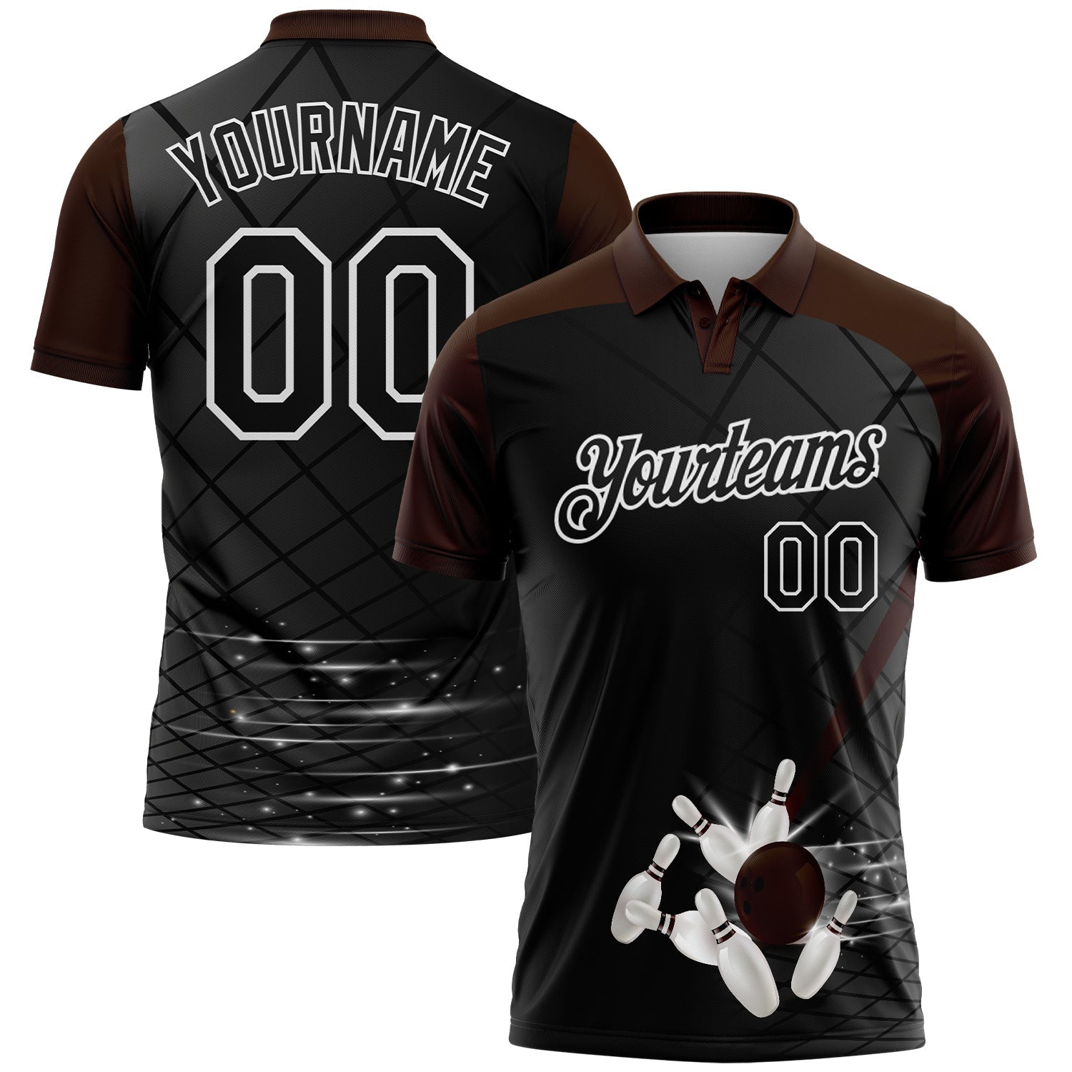 Custom Black Brown-White Bowling Geometric Grid Performance Polo Shirt - Main View