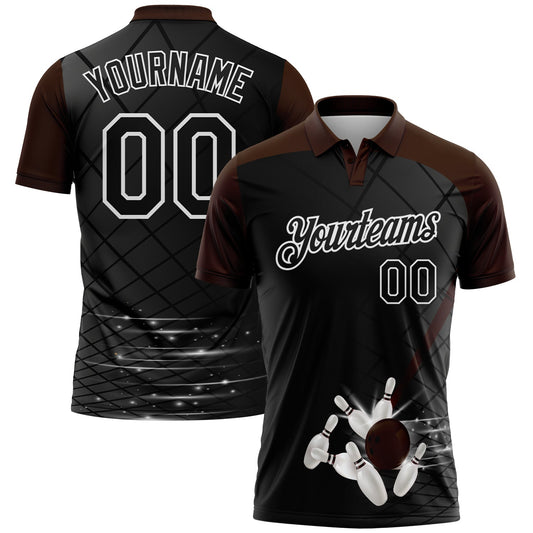 Custom Black Brown-White Bowling Geometric Grid Performance Polo Shirt - Main View