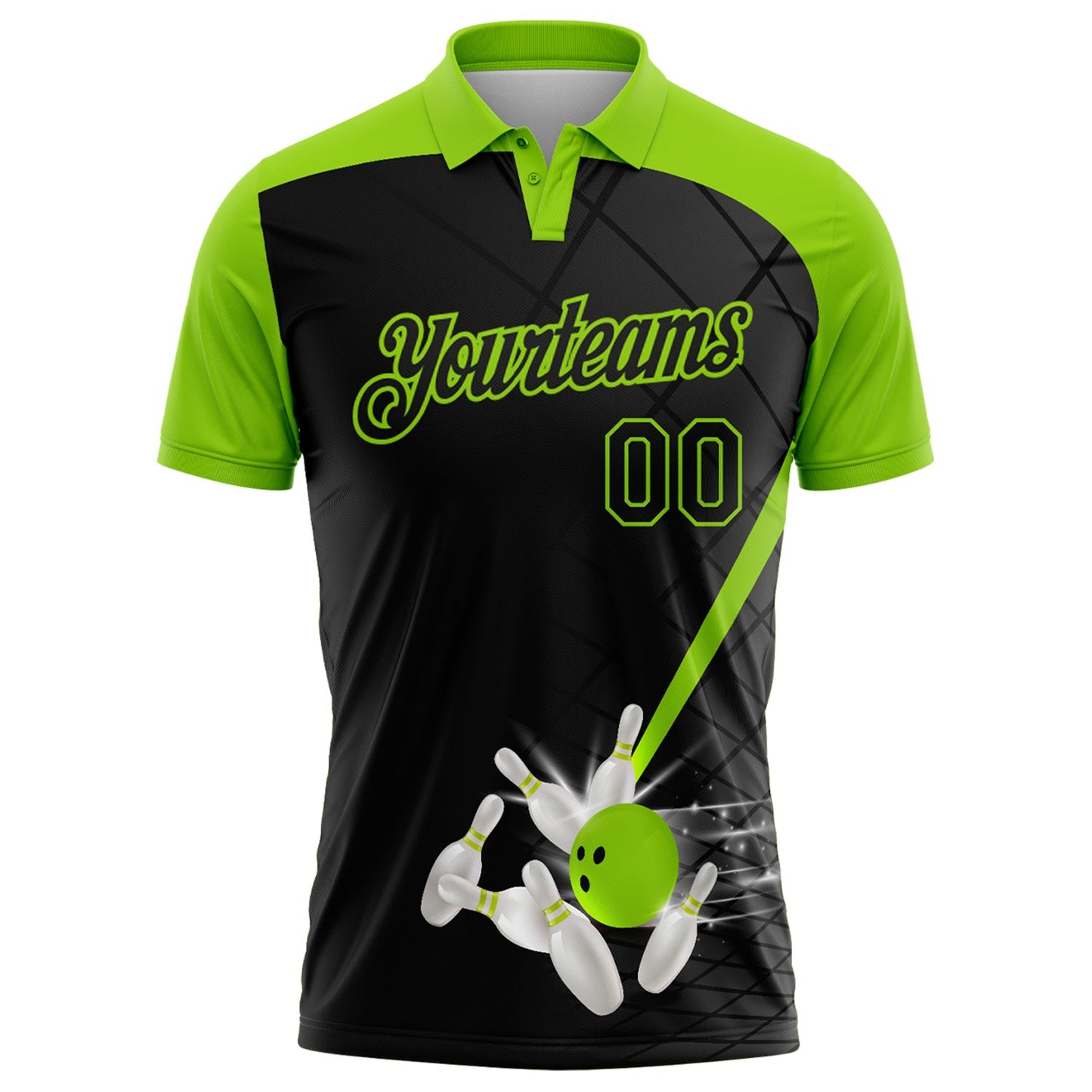 Custom Black-Neon Green Bowling Geometric Grid Performance Polo Shirt view 2