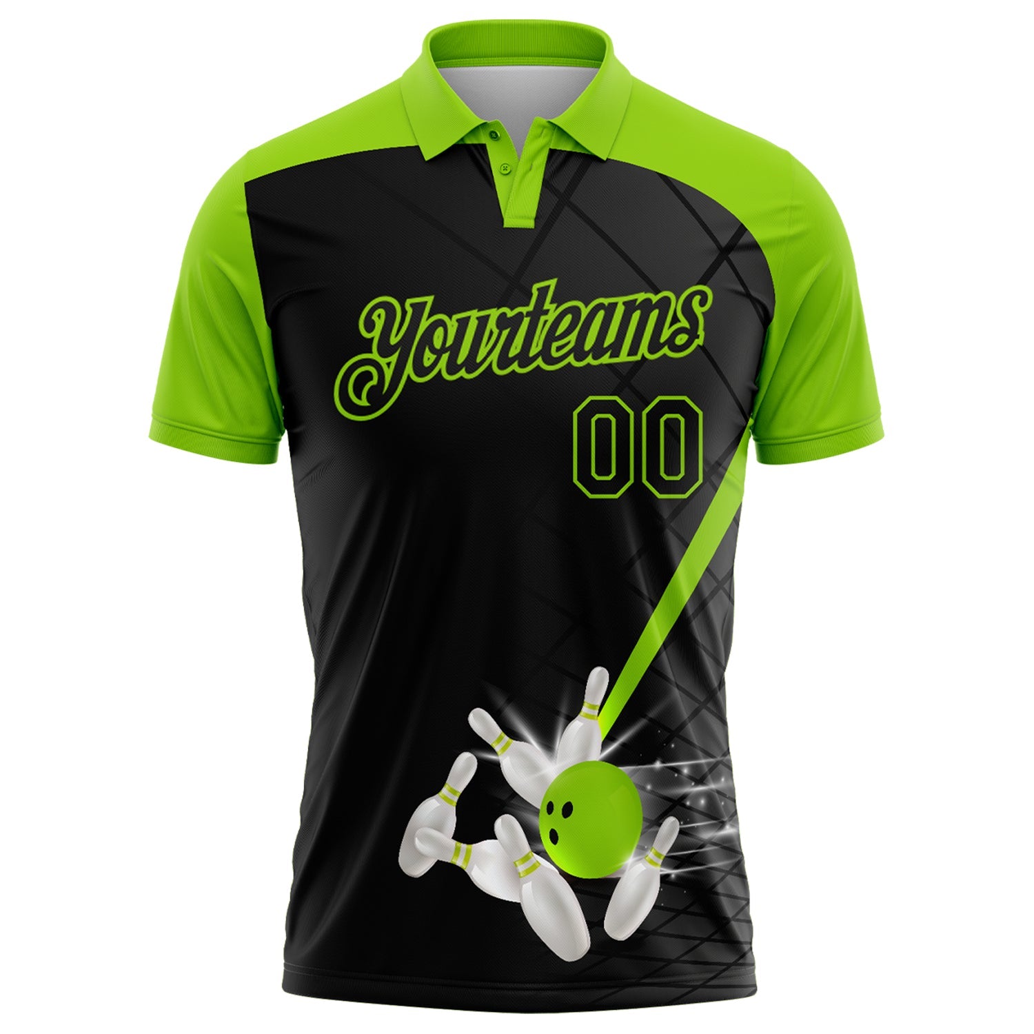 Custom Black-Neon Green Bowling Geometric Grid Performance Polo Shirt view 2