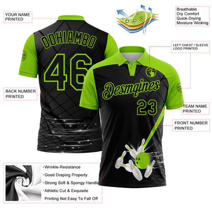 Custom Black-Neon Green Bowling Geometric Grid Performance Polo Shirt view 3
