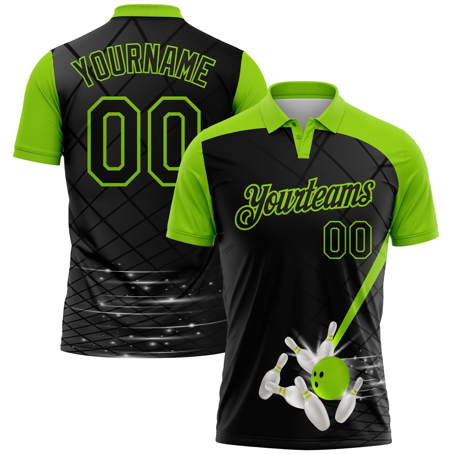 Custom Black-Neon Green Bowling Geometric Grid Performance Polo Shirt - Main View