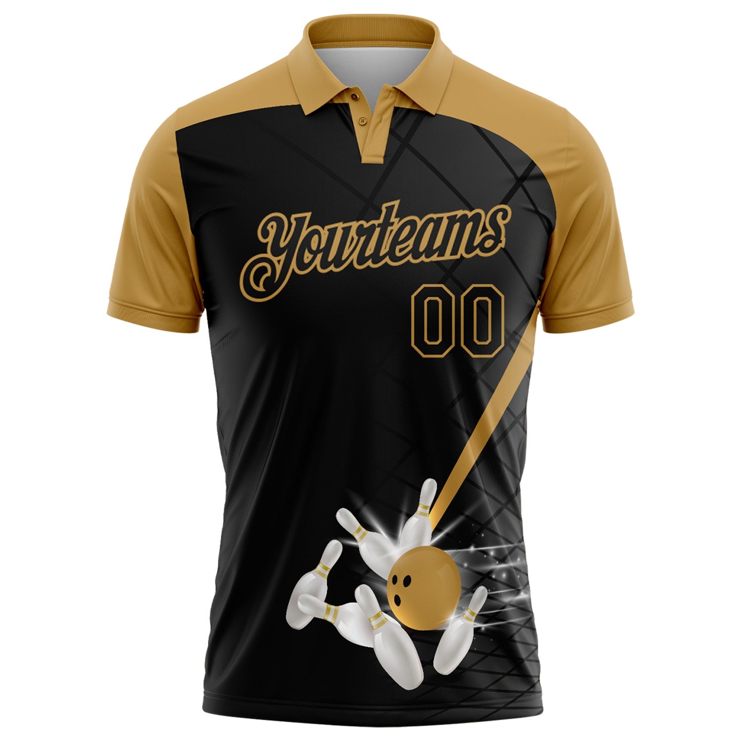 Custom Black-Old Gold Bowling Geometric Grid Performance Polo Shirt view 2