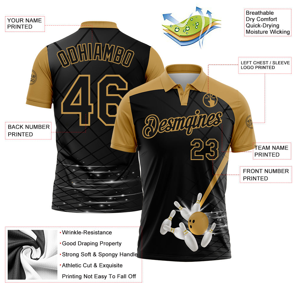 Custom Black-Old Gold Bowling Geometric Grid Performance Polo Shirt view 3